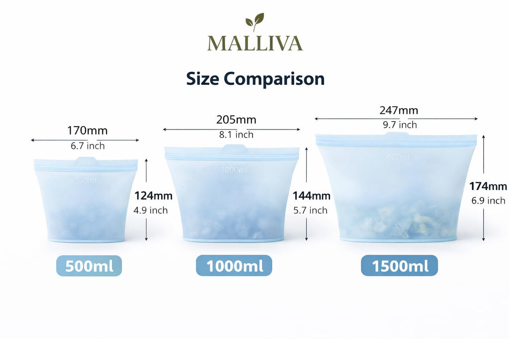 Reusable Silicone Food Storage Bags, 3 Pack (17oz, 34oz & 51oz), Stand Up Ziplock Bags for Meal Prep, Snacks & Sandwiches, Travel, BPA Free, Freezer, Microwave & Dishwasher Safe