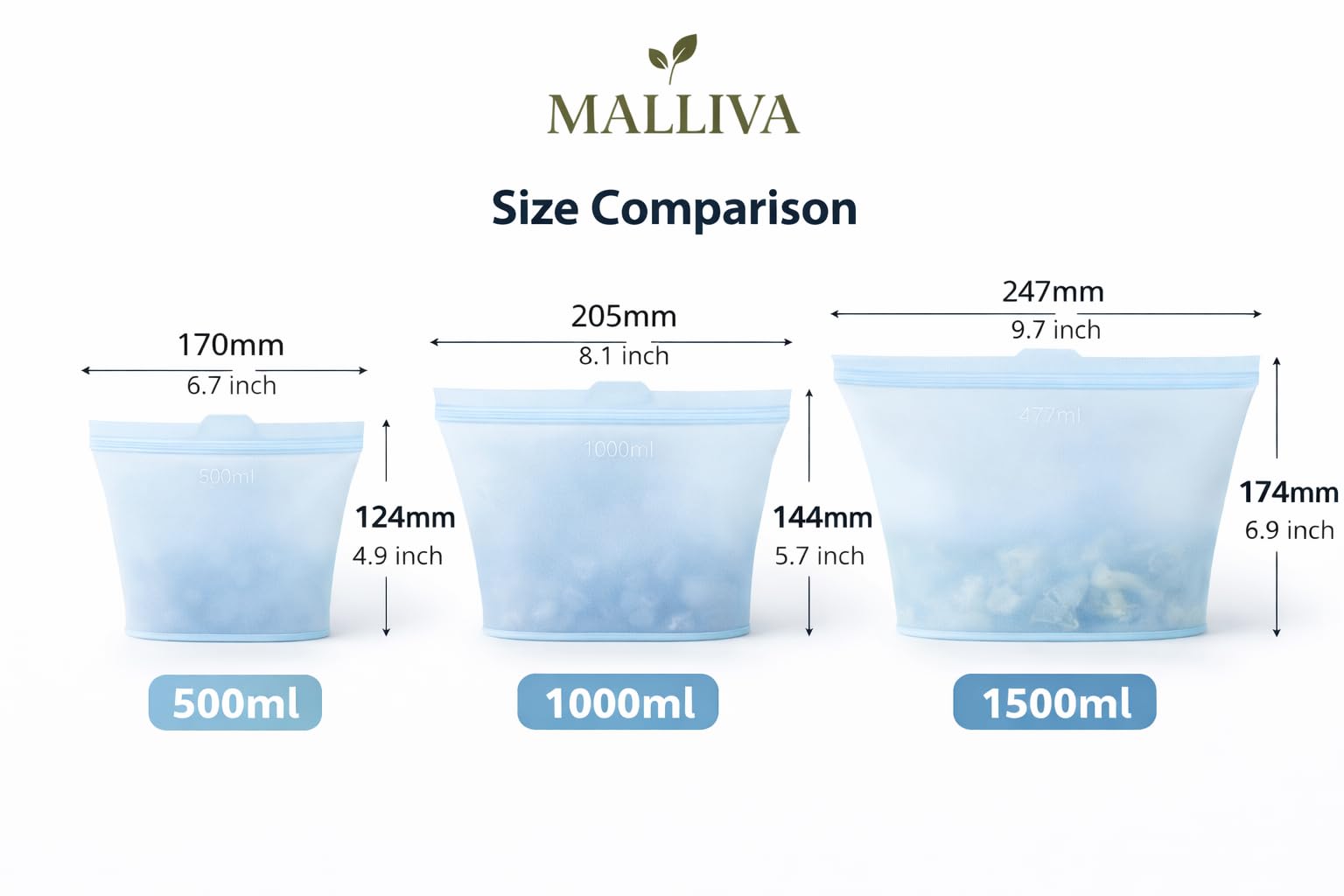 Reusable Silicone Food Storage Bags, 3 Pack (17oz, 34oz & 51oz), Stand Up Ziplock Bags for Meal Prep, Snacks & Sandwiches, Travel, BPA Free, Freezer, Microwave & Dishwasher Safe
