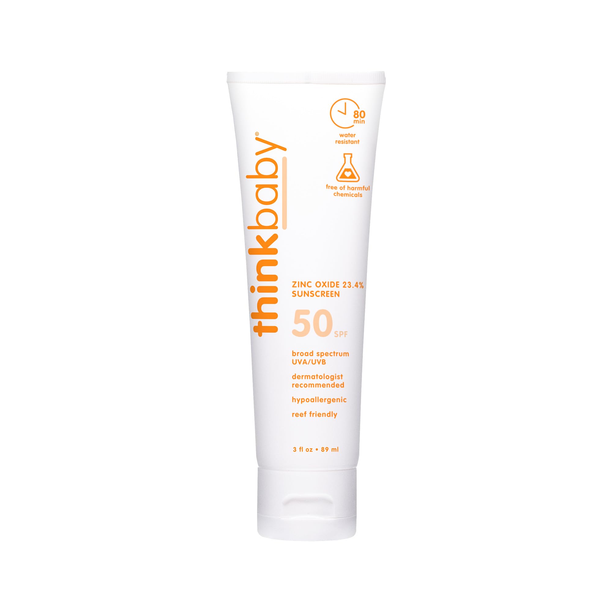Thinkbaby SPF 50+ Baby Sunscreen, 3 Oz. – Safe, Natural Mineral Sun Cream for Babies - Water Resistant, Broad Spectrum UVA/UVB Sun Protection – Vegan Sunscreen for Kids