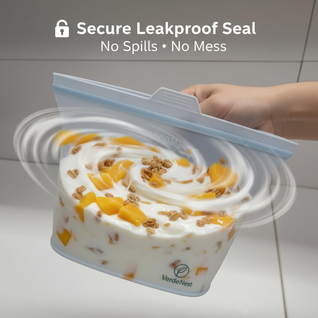 Reusable Silicone Food Storage Bags – 6 Pack Stand-Up Leakproof BPA-Free Silicone Bags for Meal Prep, Sandwich, Snacks & Freezer Storage (500ml, 1000ml, 1500ml)
