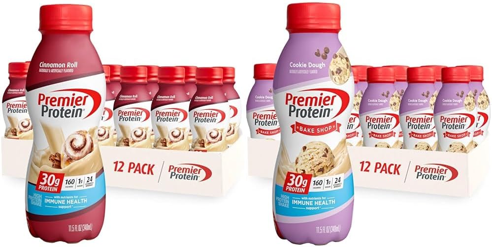 Premier Protein Shake Bundle, 30g Protein, 1g Sugar, 24 Vitamins&Minerals, Cinnamon Roll and Cookie Dough Flavors, Pack of 12, 11.5oz Bottles