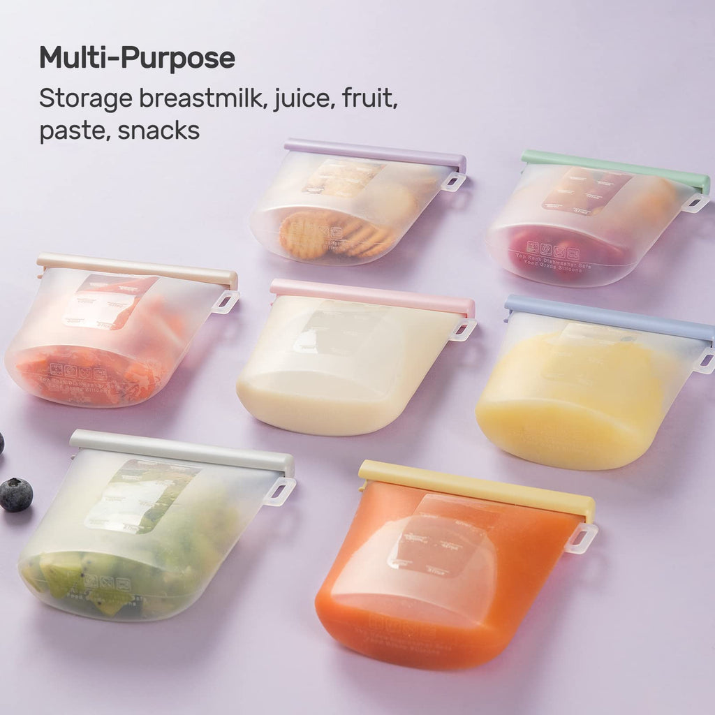 Nuliie 7 Pcs Silicone Breastmilk Storage Bags Reusable, 8oz/240ml Double Leak-Proof Breastmilk Freezer Bags, BPA Free Self-Standing Milk Bags for Breastfeeding, Baby Food Pouches
