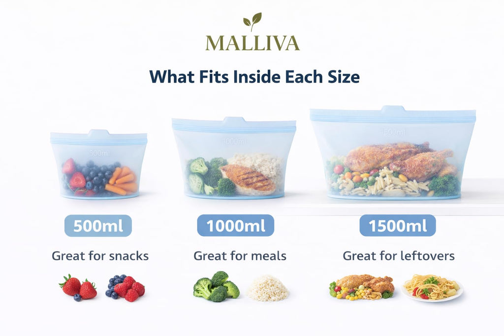 Reusable Silicone Food Storage Bags, 3 Pack (17oz, 34oz & 51oz), Stand Up Ziplock Bags for Meal Prep, Snacks & Sandwiches, Travel, BPA Free, Freezer, Microwave & Dishwasher Safe