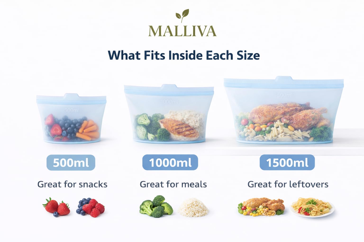 Reusable Silicone Food Storage Bags, 3 Pack (17oz, 34oz & 51oz), Stand Up Ziplock Bags for Meal Prep, Snacks & Sandwiches, Travel, BPA Free, Freezer, Microwave & Dishwasher Safe