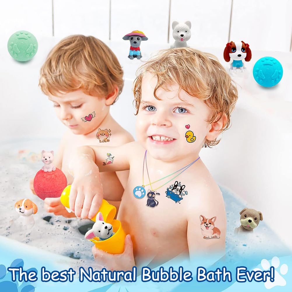 Kids Bath Bombs with Surprise Inside, 20 Pack Bring Dog and cat Toys Gift Set, Natural Organic Bubble Bath Foam Bath