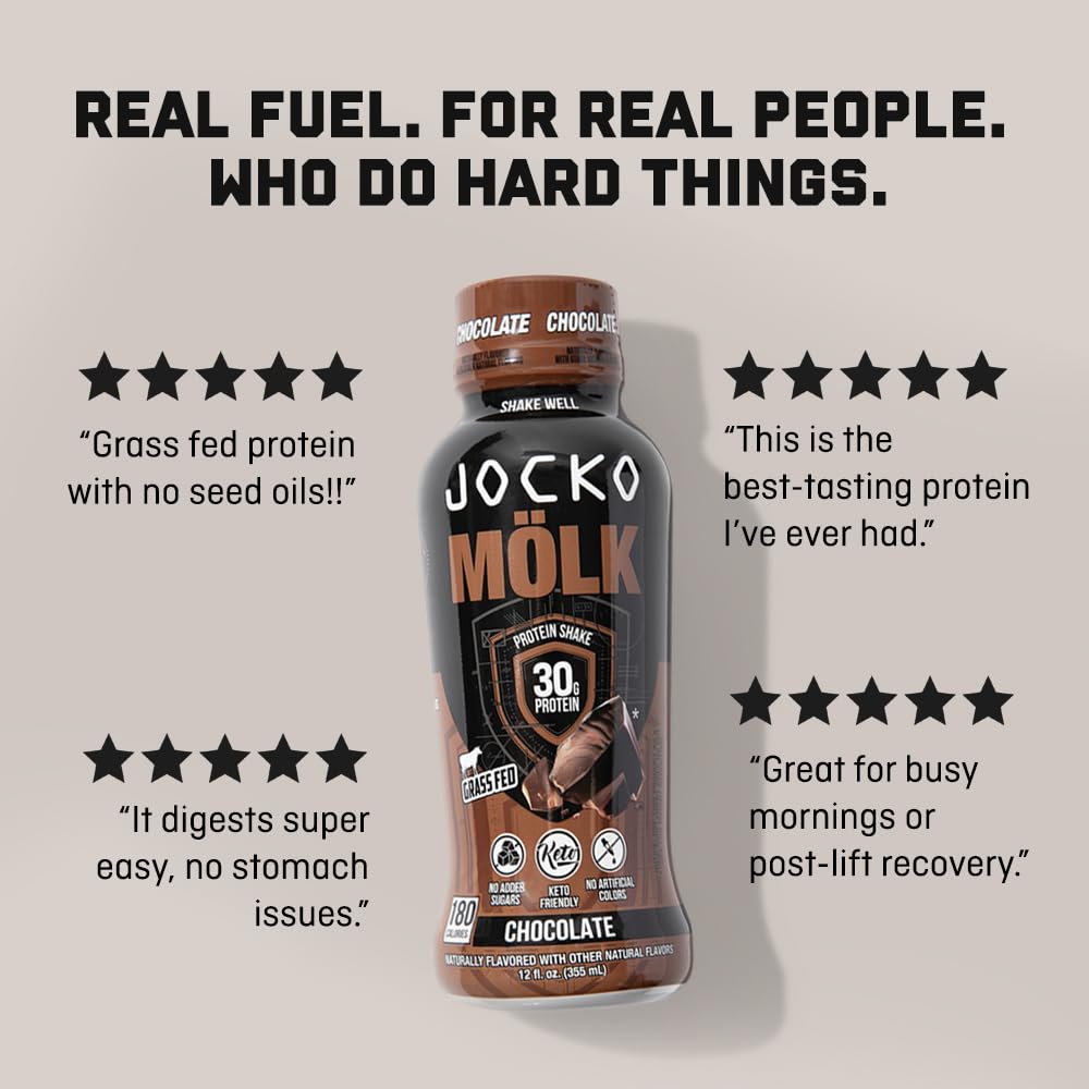 Jocko Mölk 30g Grass Fed Protein Shakes – No Added Sugar Protein Drinks KETO Friendly - Ready to Drink 12 FL Oz (Pack of 12) Chocolate