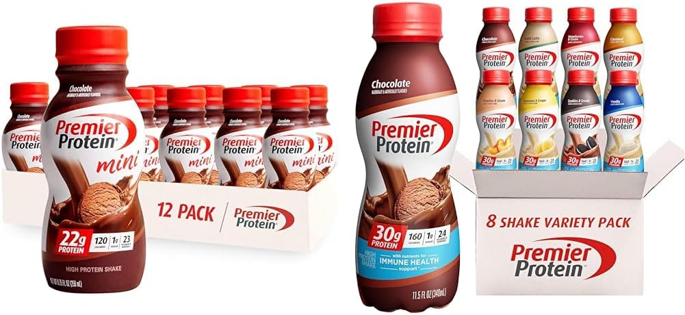 Premier Protein Shake MINIs Chocolate 22g Protein 120 Cal Pack of 12 & Protein Shake 8 Flavor Variety Pack 30g Protein 24 Vitamins 11.5oz 8 Pack