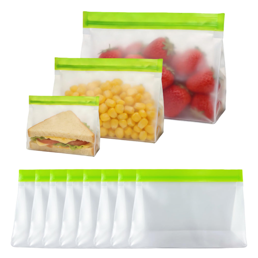 PABCK 9 Pcs Reusable Silicone Produce Freezer Bags Self Seal Green 3S+3M+3L | Stand Up Freezer Food Storage Bags Leakproof Resealable Bag for Sandwich Smell Proof Fridge Organization for Lunch Travel