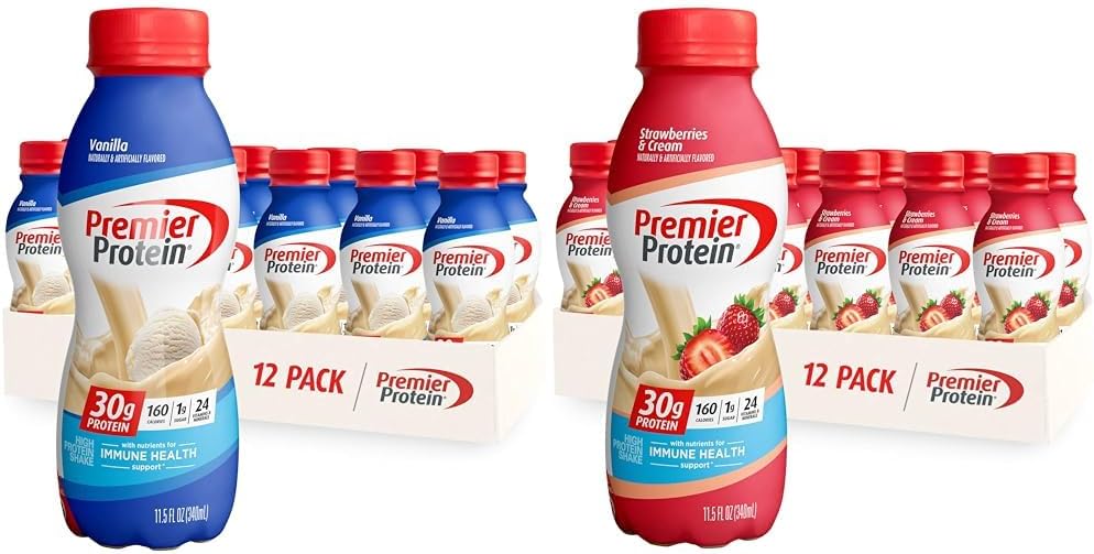 Premier Protein Shake, Vanilla & Strawberries, 30g Protein, 1g Sugar, 24 Vitamins & Minerals, 12 Pack Bundle