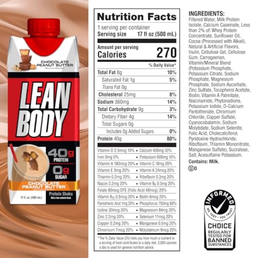 Labrada Lean Body Ready-to-Drink Chocolate Protein Shake, 40g Protein, Whey Blend, 0 Sugar, Gluten Free, 22 Vitamins & Minerals, LABRADA, 17 Fl Oz (Pack of 12)