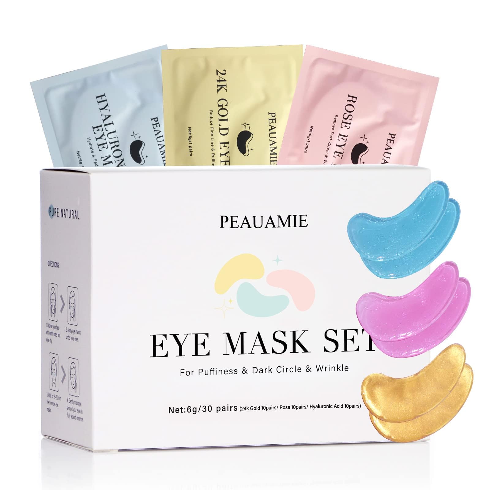 PEAUAMIE Under Eye Patches Collagen and Peptide Eye Mask for Dark Circles and Puffiness,Face Mask Skin Care Products 30 Pairs