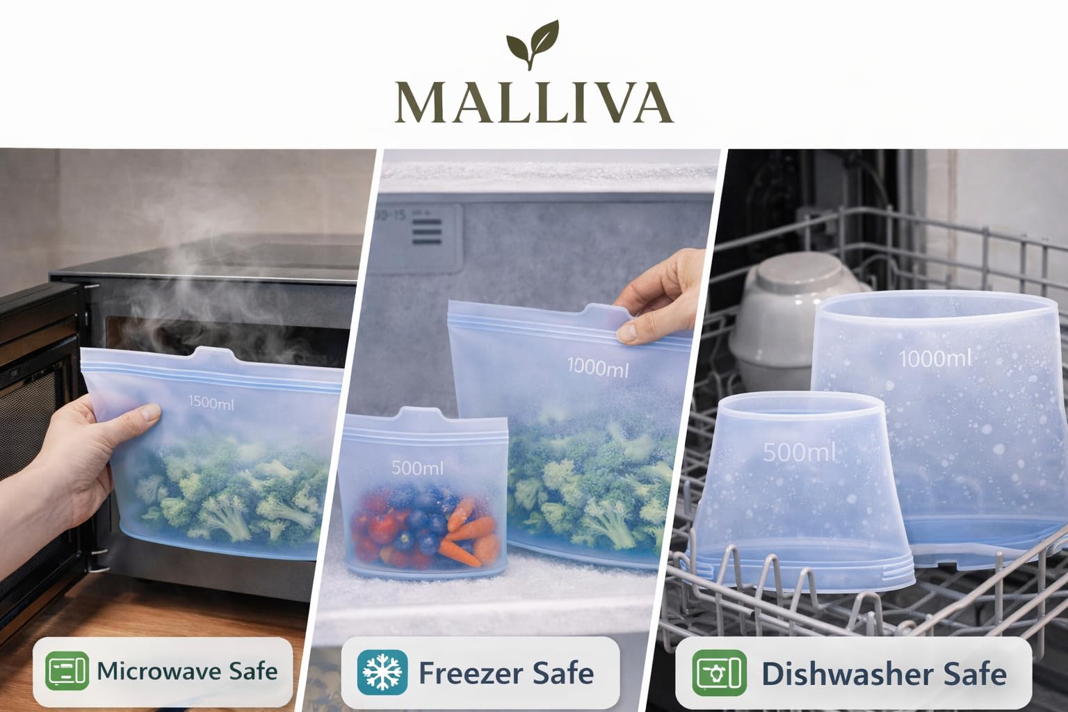 Reusable Silicone Food Storage Bags, 3 Pack (17oz, 34oz & 51oz), Stand Up Ziplock Bags for Meal Prep, Snacks & Sandwiches, Travel, BPA Free, Freezer, Microwave & Dishwasher Safe