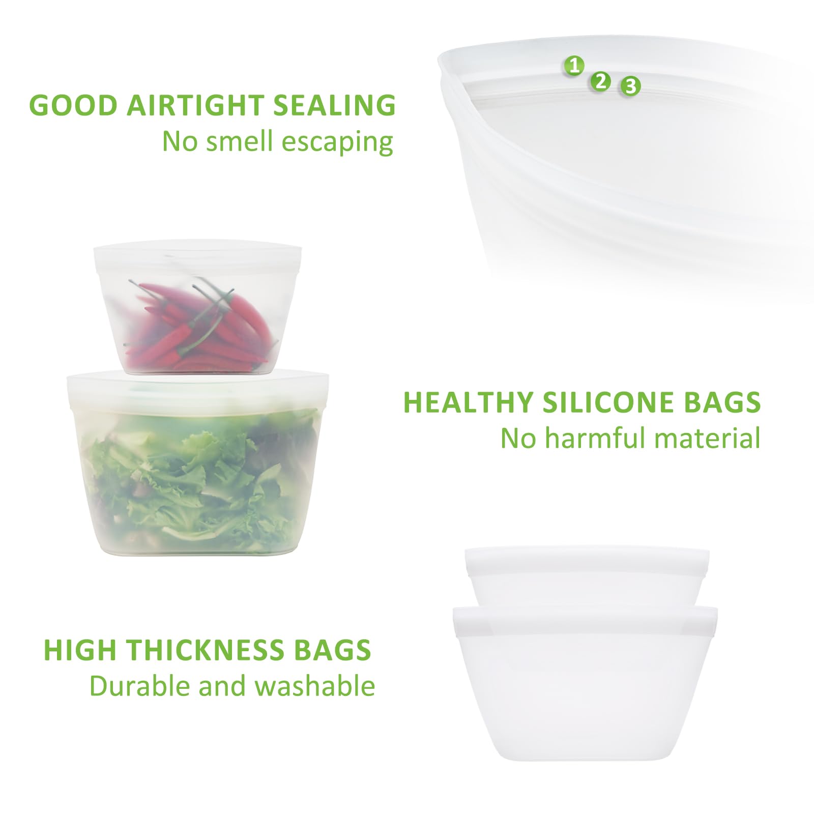 Silicone Bags for Food Storage, Reusable Zip Lock Bags Silicone Food Storage Containers, Freezer Microwave Oven Dishwasher Safe, Plastice BPA-Free 5 Pack (40oz 20oz 12oz 17oz 34oz)