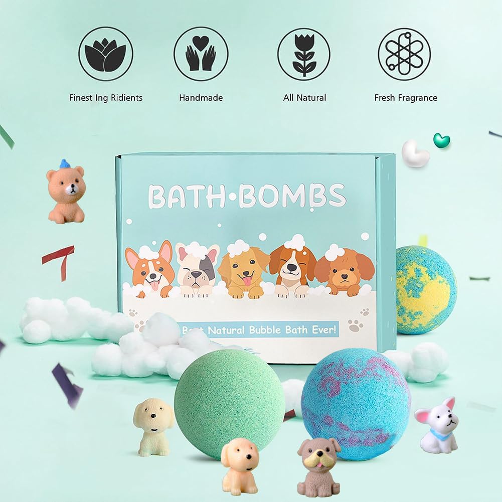 Kids Bath Bombs with Surprise Inside, 20 Pack Bring Dog and cat Toys Gift Set, Natural Organic Bubble Bath Foam Bath