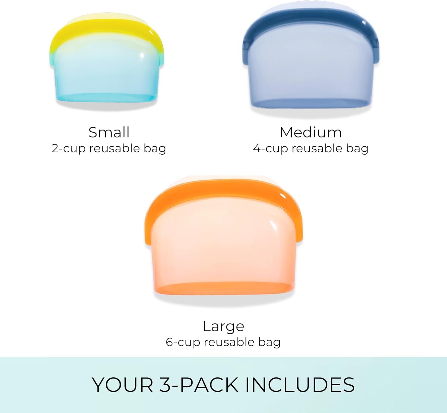 Reusable Silicone Food Storage Bags (3-Pack) | Stand-Up Wide Bottom Leakproof Silicone Freezer Bags | BPA-Free Microwave & Dishwasher Safe | Eco-Friendly Airtight Snack & Meal Prep Bags