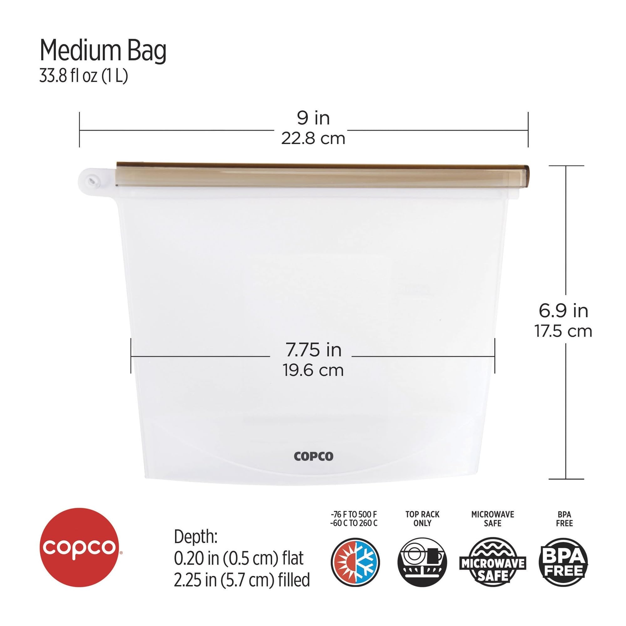 Copco Silicone Food Grade Reusable Storage Bag, Clear (Medium), Reduce Single-Use Plastic, Air-Tight, Leakproof, Dishwasher-Safe, Eco-friendly, 33.8 Ounce, Clear