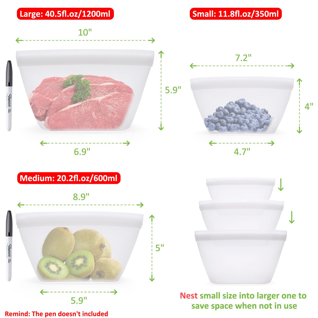 Silicone Bags for Food Storage, Reusable Zip Lock Bags Silicone Food Storage Containers, Freezer Microwave Oven Dishwasher Safe, Plastice BPA-Free 5 Pack (40oz 20oz 12oz 17oz 34oz)