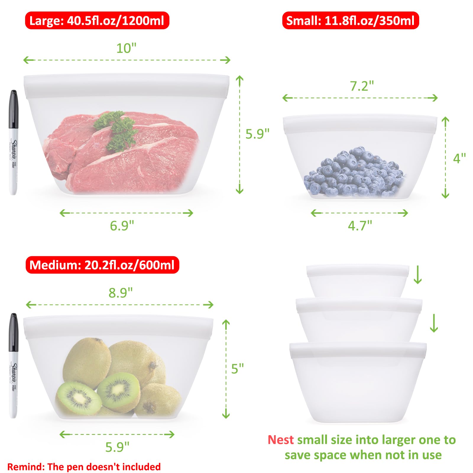 Silicone Bags for Food Storage, Reusable Zip Lock Bags Silicone Food Storage Containers, Freezer Microwave Oven Dishwasher Safe, Plastice BPA-Free 5 Pack (40oz 20oz 12oz 17oz 34oz)