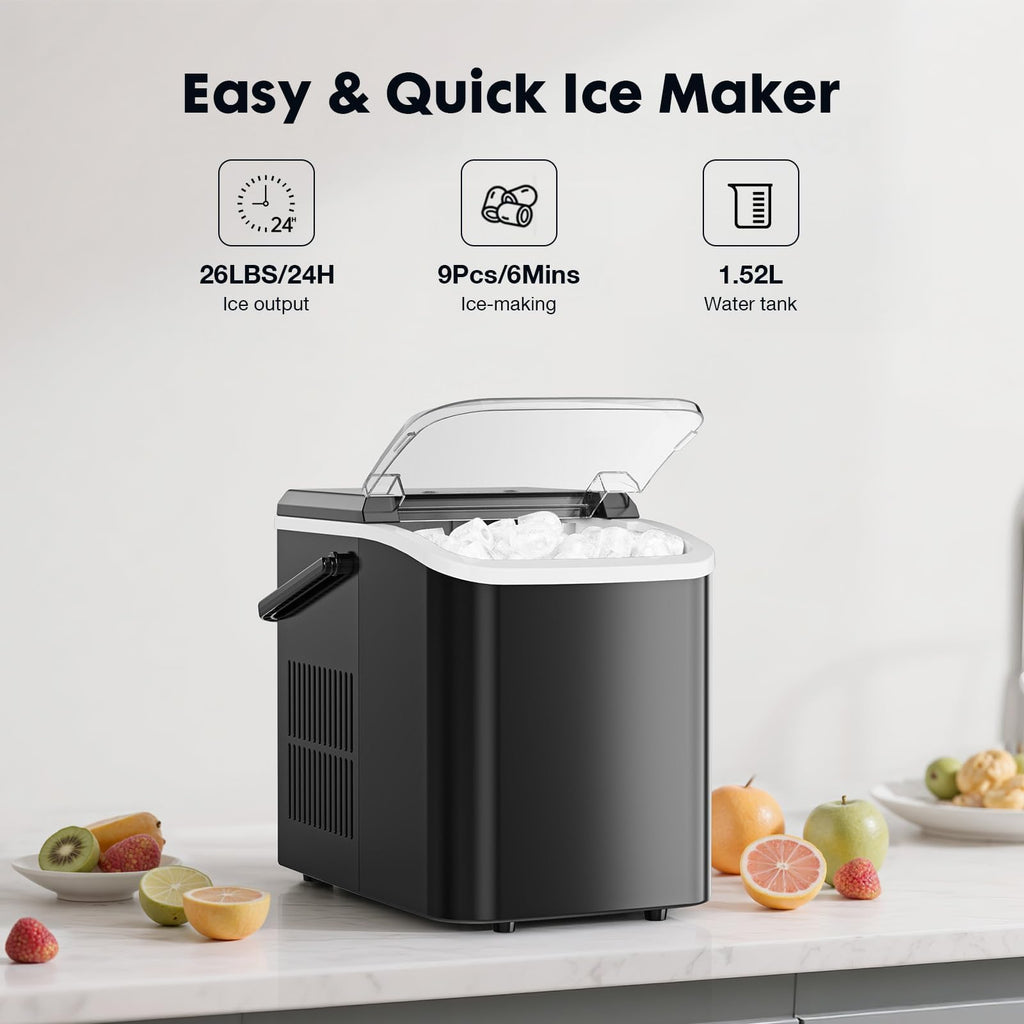 Sweetcrispy Countertop Ice Maker with Scoop, Basket and Handle, Portable Ice Machine 9 Cubes Ready in 6 Mins, 26.5lbs in 24Hrs, 2 Sizes for Home Kitchen Office Bar Party, Green