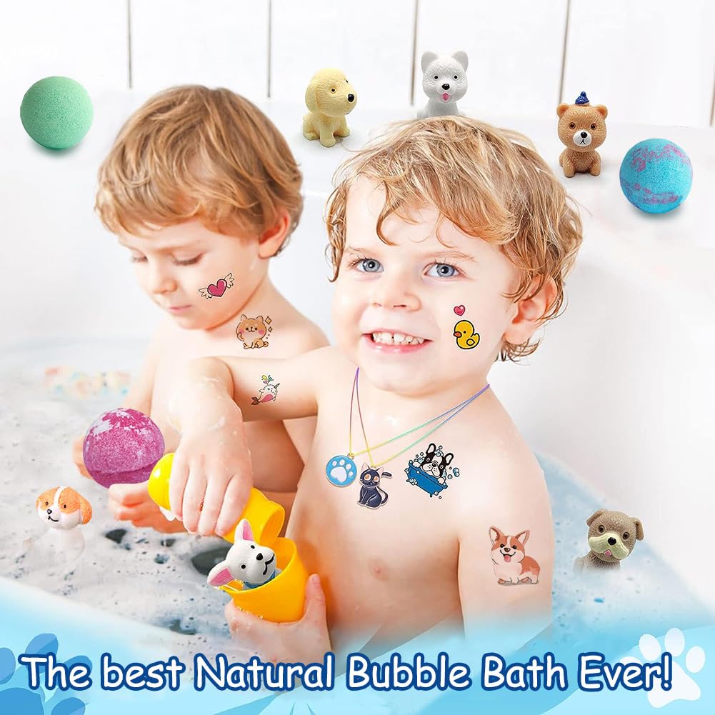 Kids Bath Bombs with Surprise Inside, 20 Pack Bring Dog and cat Toys Gift Set, Natural Organic Bubble Bath Foam Bath