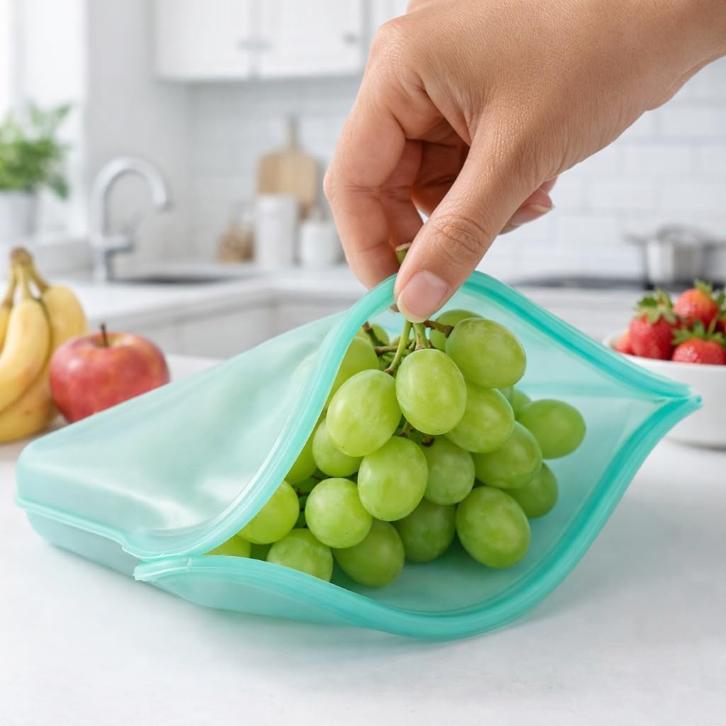 Reusable Silicone Food Storage Bags (Set of 4) - Leakproof Airtight Stand Up Bags for Freezer & Microwave - BPA Free Eco-Friendly Ziplock Bags for Meal Prep, Snacks & Fruit Storage