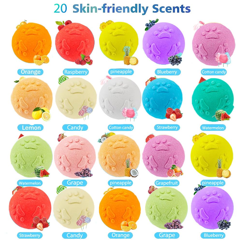 Kids Bath Bombs with Surprise Inside, 20 Pack Bring Dog and cat Toys Gift Set, Natural Organic Bubble Bath Foam Bath
