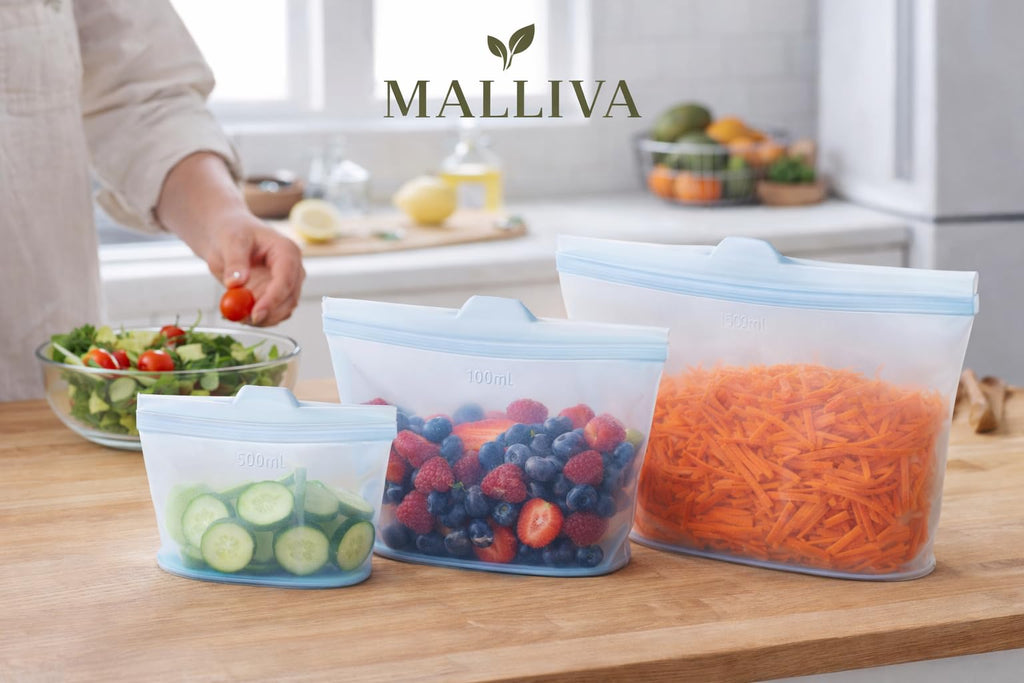 Reusable Silicone Food Storage Bags, 3 Pack (17oz, 34oz & 51oz), Stand Up Ziplock Bags for Meal Prep, Snacks & Sandwiches, Travel, BPA Free, Freezer, Microwave & Dishwasher Safe