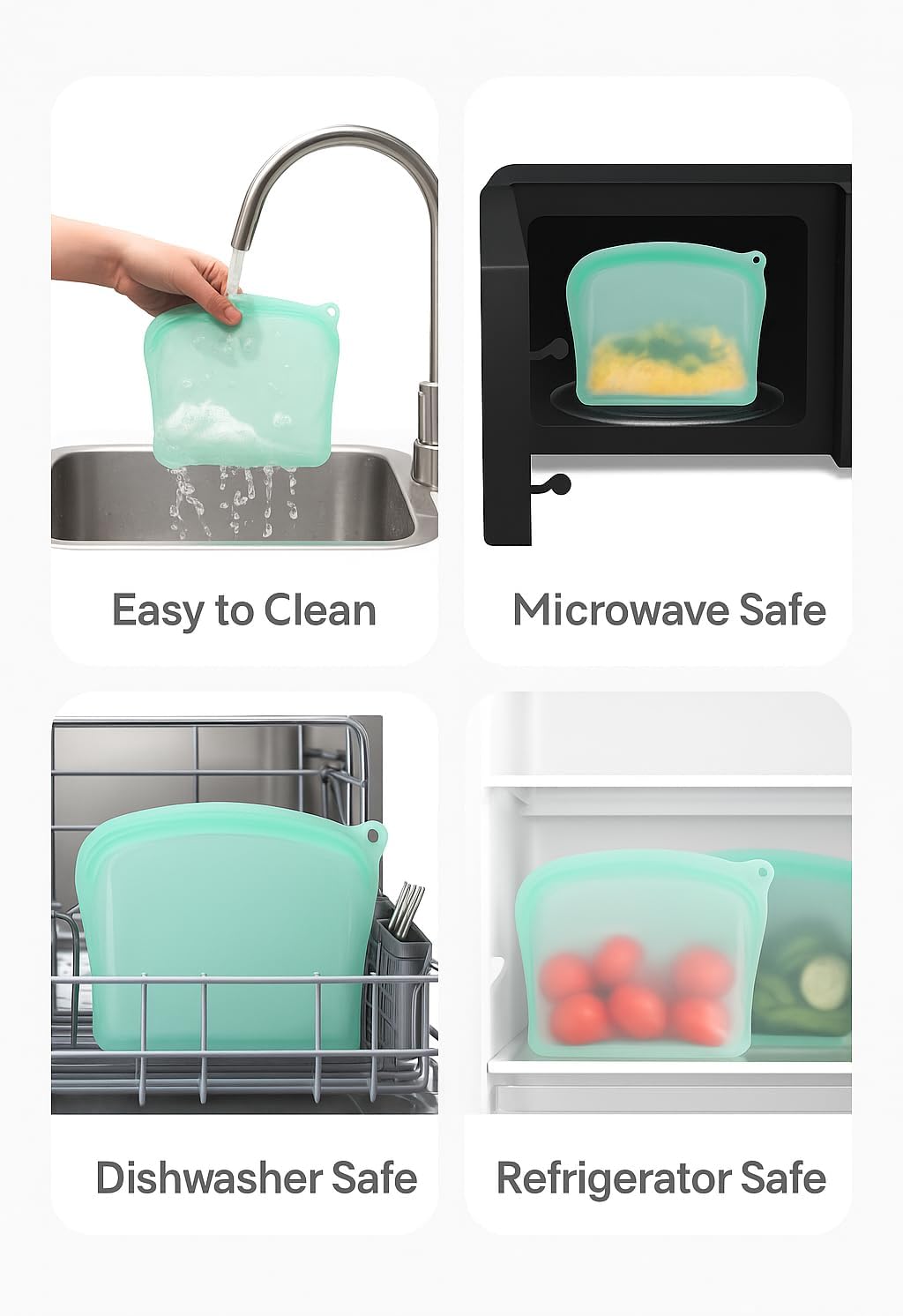 Reusable Silicone Food Storage Bags (Set of 4) - Leakproof Airtight Stand Up Bags for Freezer & Microwave - BPA Free Eco-Friendly Ziplock Bags for Meal Prep, Snacks & Fruit Storage