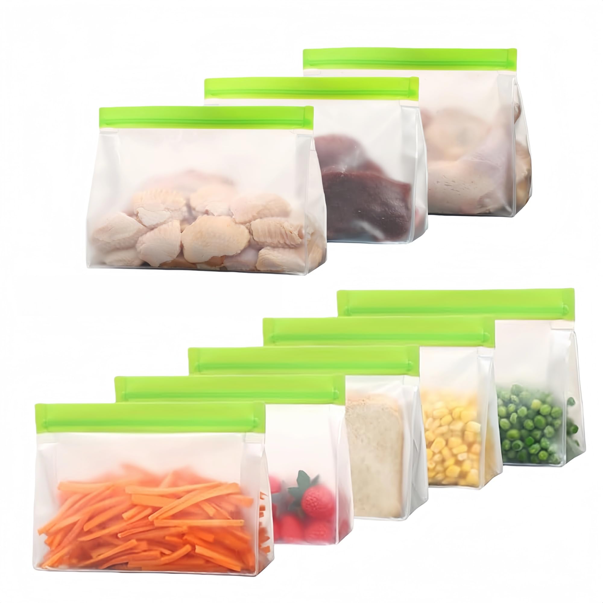 PABCK 9 Pcs Reusable Silicone Produce Freezer Bags Self Seal Green 3S+3M+3L | Stand Up Freezer Food Storage Bags Leakproof Resealable Bag for Sandwich Smell Proof Fridge Organization for Lunch Travel