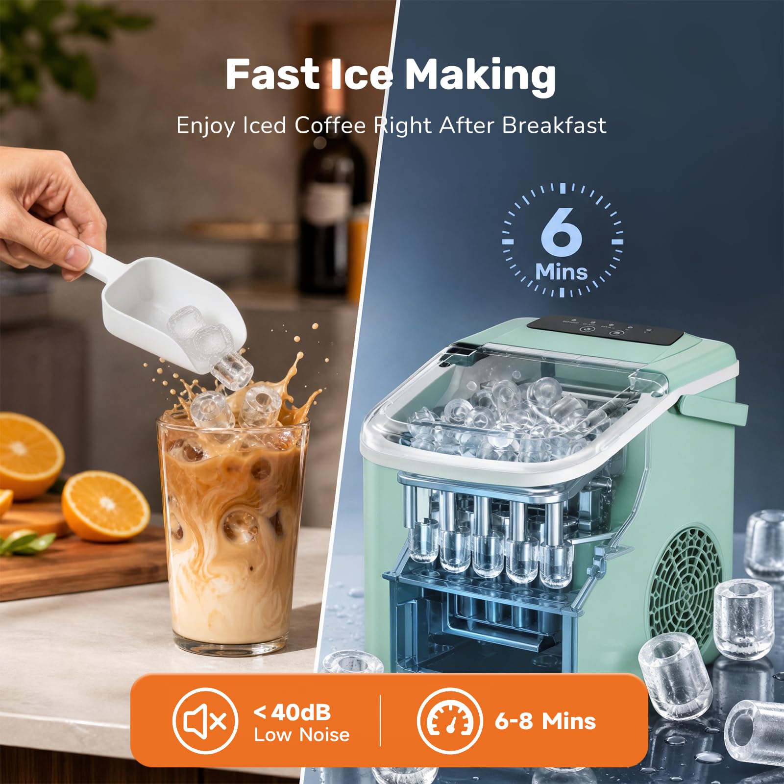 Sweetcrispy Countertop Ice Maker with Scoop, Basket and Handle, Portable Ice Machine 9 Cubes Ready in 6 Mins, 26.5lbs in 24Hrs, 2 Sizes for Home Kitchen Office Bar Party
