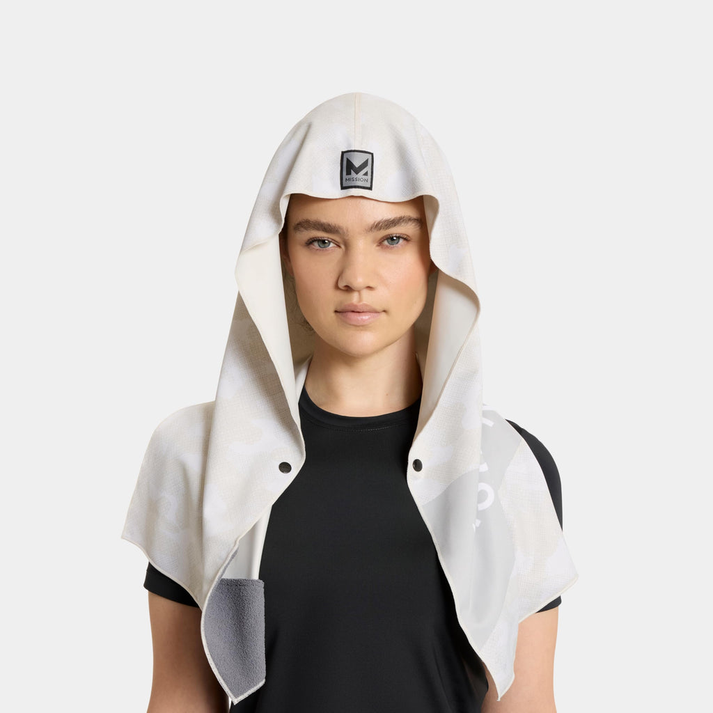 MISSION Max Plus Cooling Hoodie Towel- Hood Towel, Cools Instantly When Wet, UPF 50 Sun Protection, Contours Your Head to Stay in Place, Great for Sports, Fitness, Gym (White Camo)