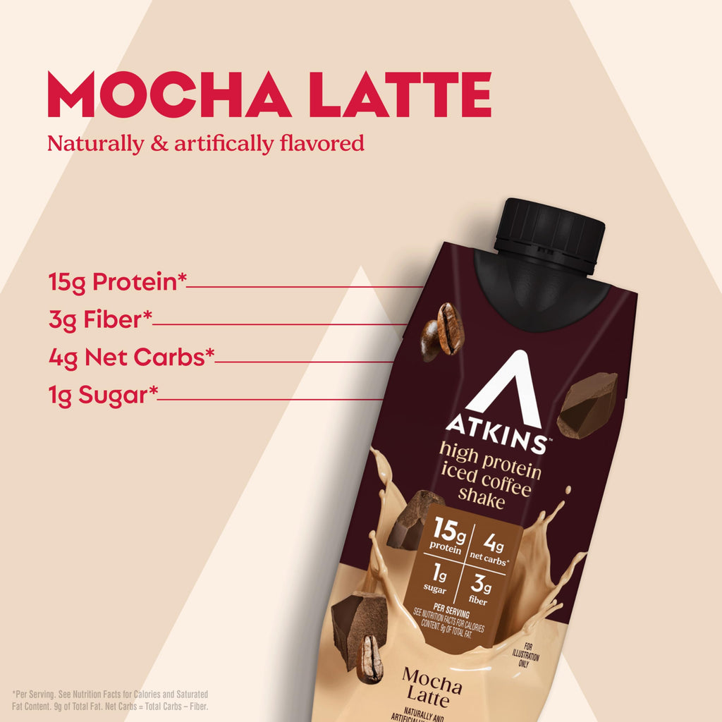 Atkins Coffee Lovers Protein Shake Variety Pack, Mocha Latte, Café Caramel and Café au Lait Flavored Protein Shakes, 15g Protein, 3g Fiber, GLP-1 Friendly, 12 Count