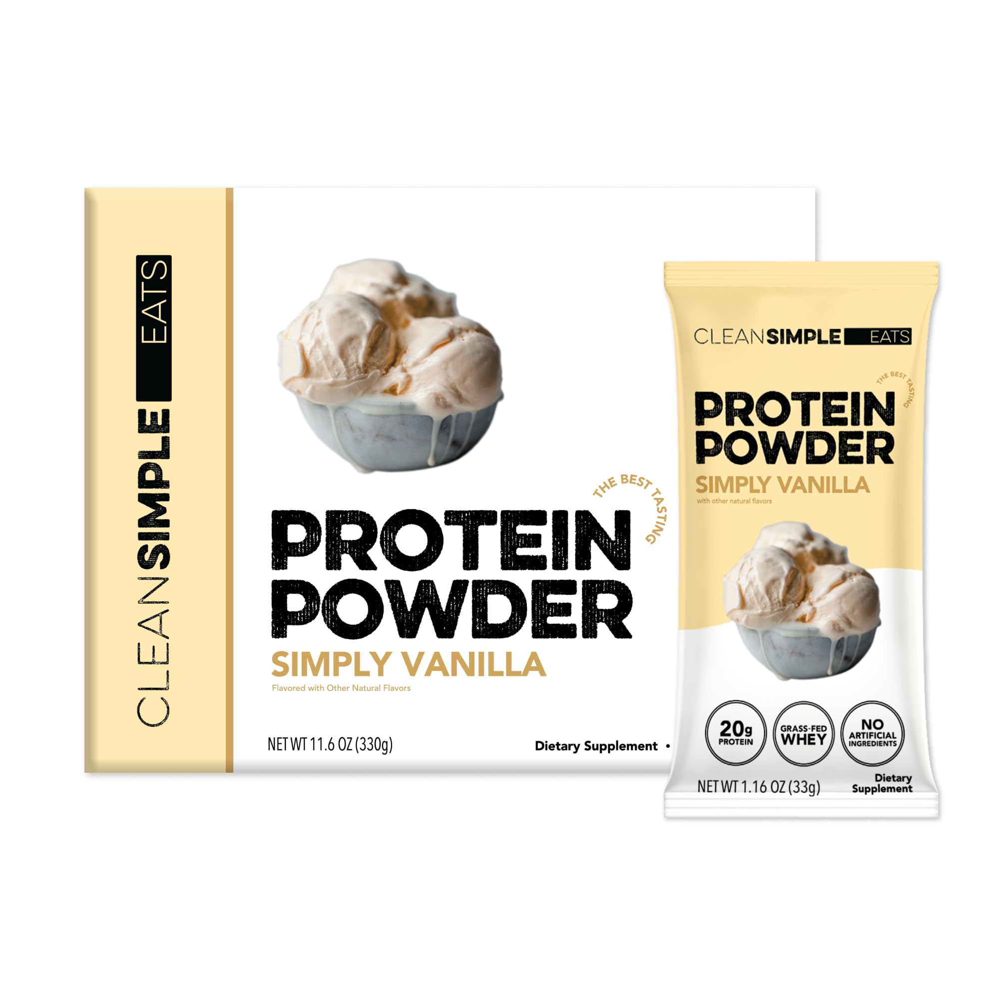 Clean Simple Eats Whey Isolate Protein Powder, Variety Pack, Naturally Sweetened, Zero Added Sugar, 20g 100% GrassFed Protein Powder with Digestive Enzymes, GlutenFree, Non GMO, 10 Single Serve Pack