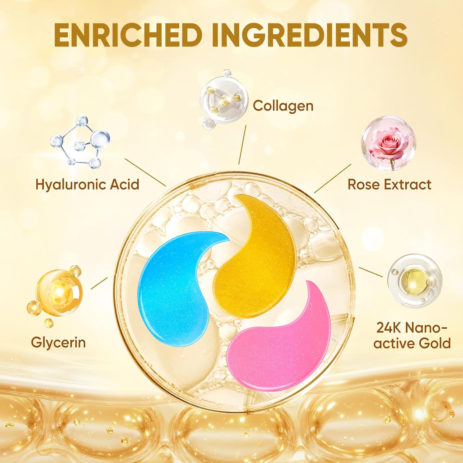 CHMI 180 Pcs (90 Pairs) Under Eye Patches, 3-Pack Eye Mask Set (24K Gold, Hyaluronic Acid, Rose) for Dark Circles and Puffy Eyes, Hydrating Gel Pads for Undereye Bags, Skin Care.