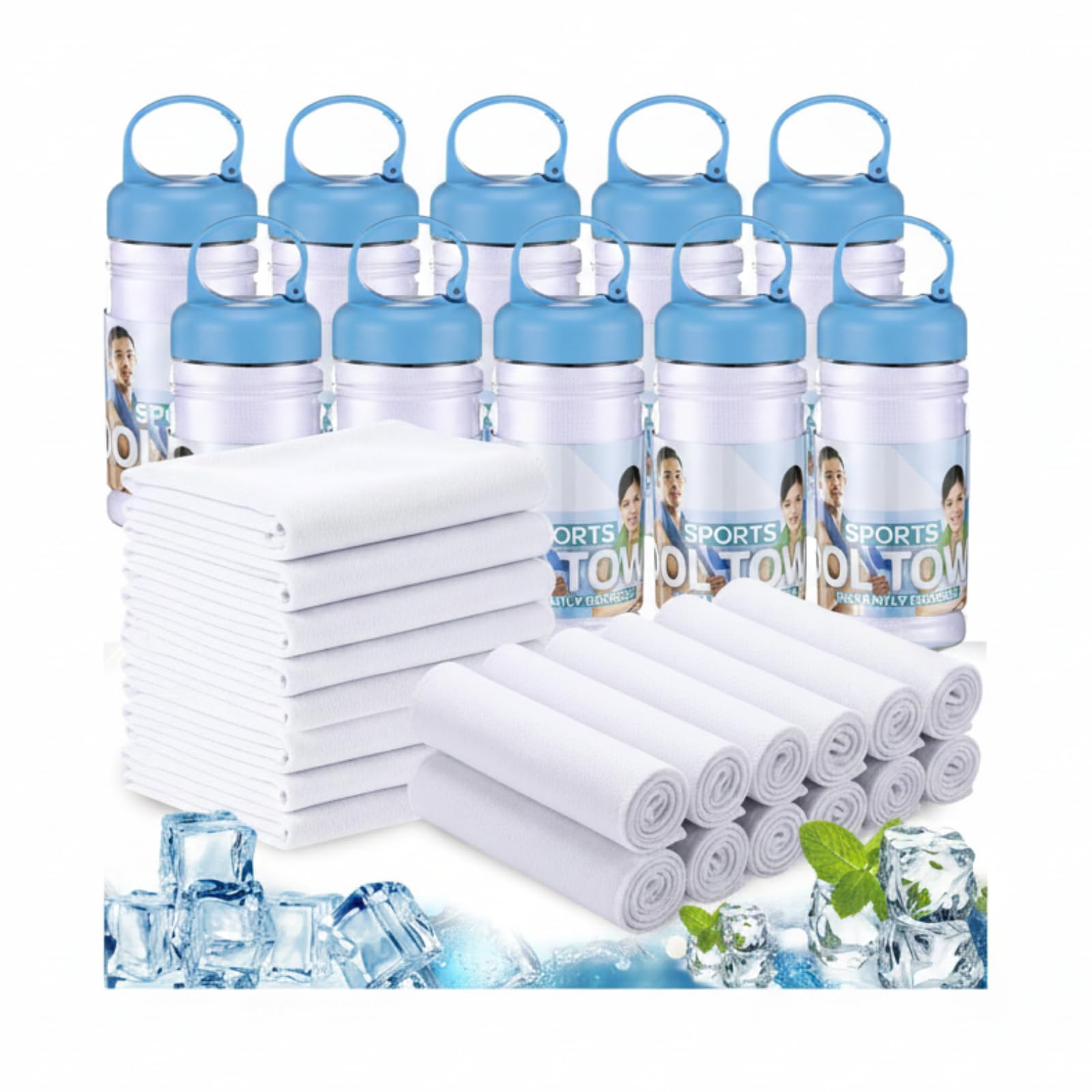 Honoson 10 Pcs Cooling Towels for Neck and Face, 47"x12" Sports Breathable Ice Towels Microfiber Chilly Sweat Rags with Portable Bottle for Gym Golf Athletes Yoga Workout Hot Weather (Mixed Colors)