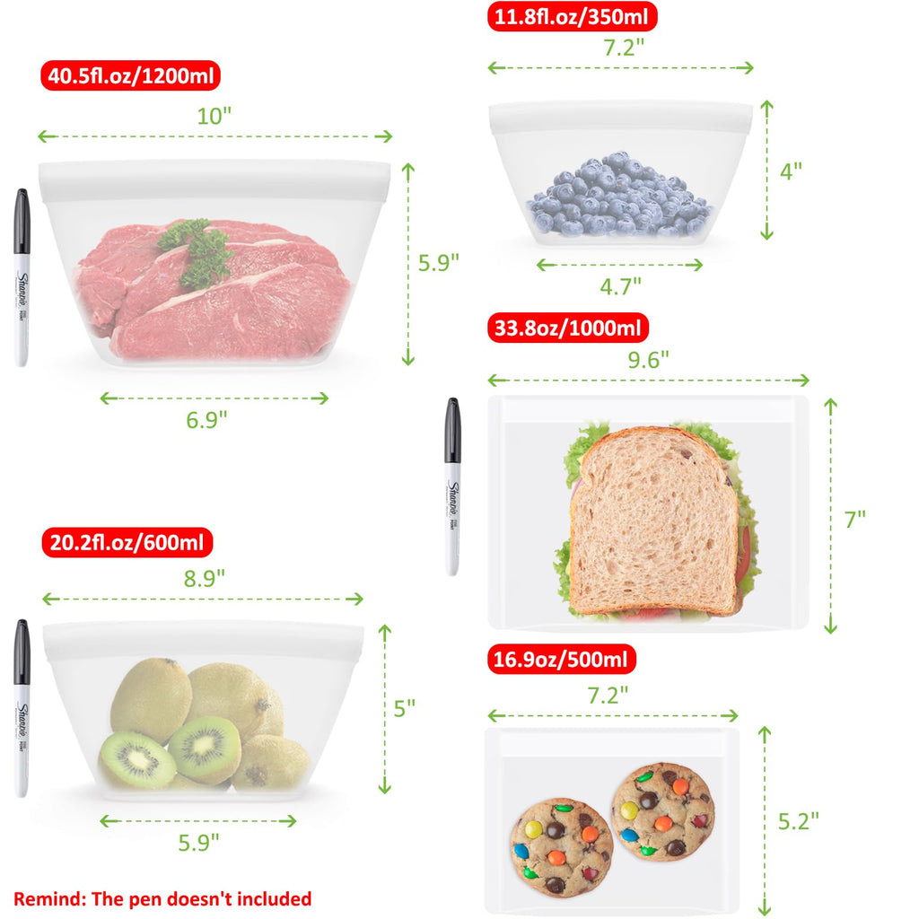 Silicone Bags for Food Storage, Reusable Zip Lock Bags Silicone Food Storage Containers, Freezer Microwave Oven Dishwasher Safe, Plastice BPA-Free 5 Pack (40oz 20oz 12oz 17oz 34oz)