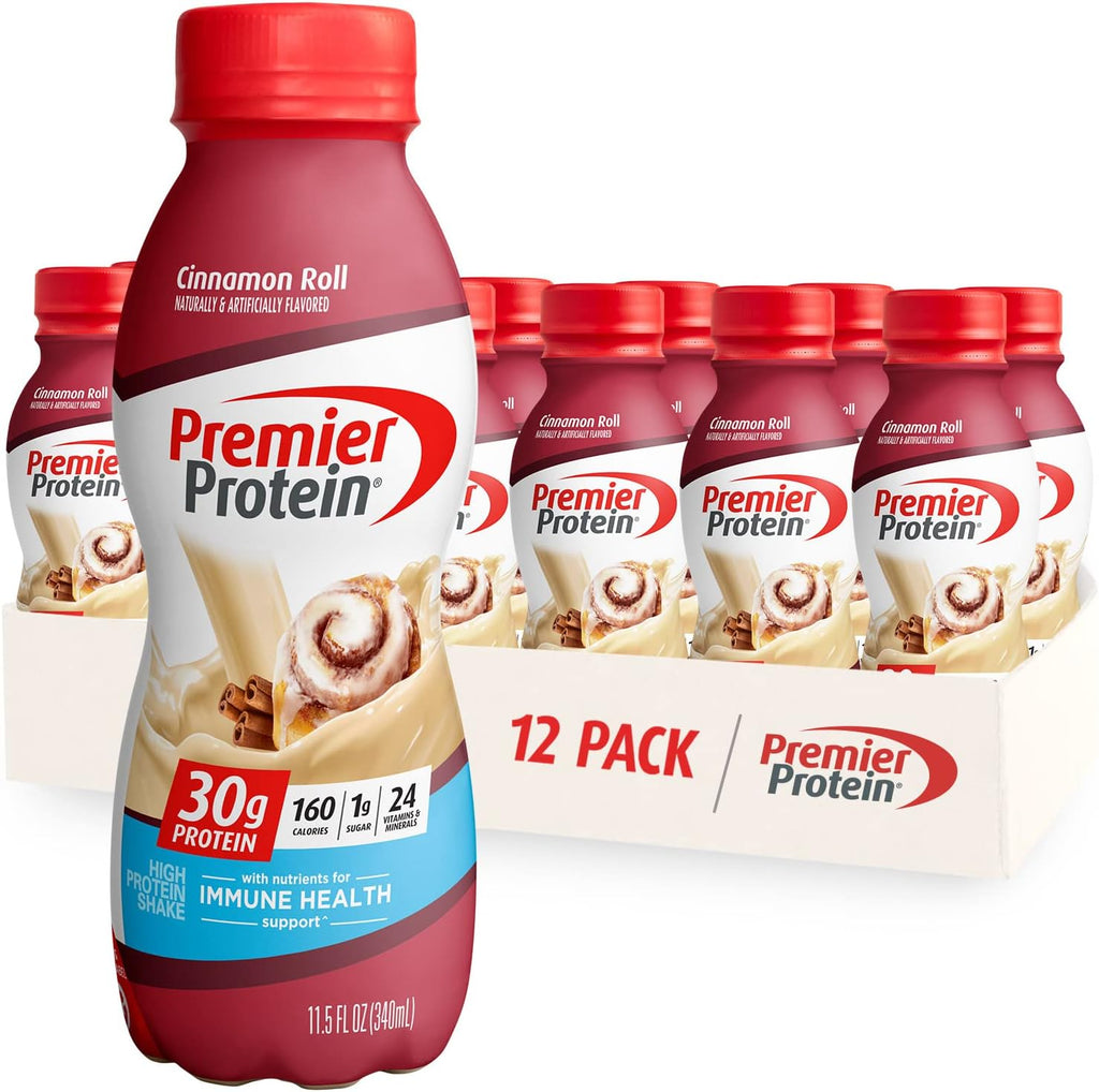 Premier Protein Shake Bundle, 30g Protein, 1g Sugar, 24 Vitamins&Minerals, Cinnamon Roll and Cookie Dough Flavors, Pack of 12, 11.5oz Bottles