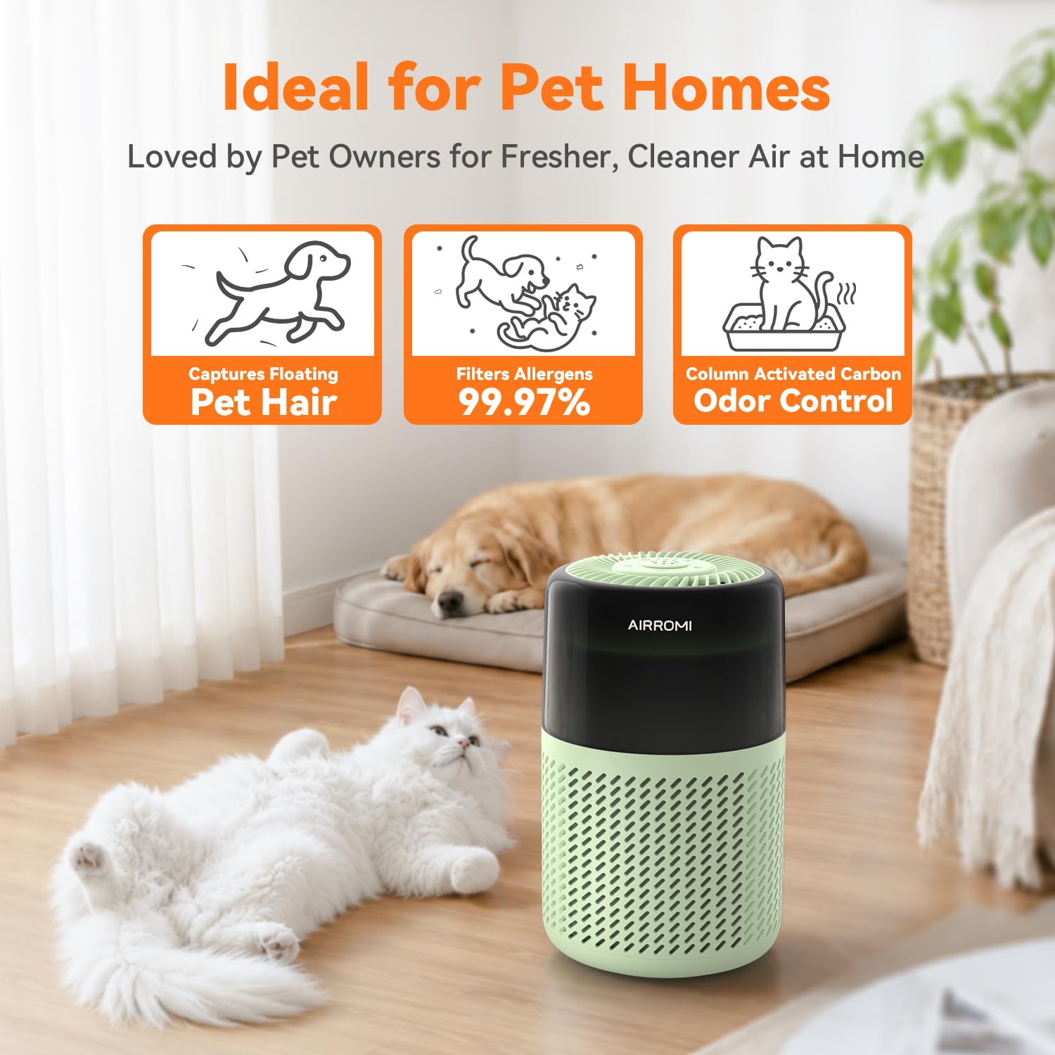 AIRROMI HEPA Air Purifier for Bedroom&Home,Pet Air Purifier for Home Pets,Removes Pet Odor,Cat Litter Smell,Dust,Smoke&Allergies,Quiet Room Air Purifier with Scents,360°Air Cleaner,A2005 Black