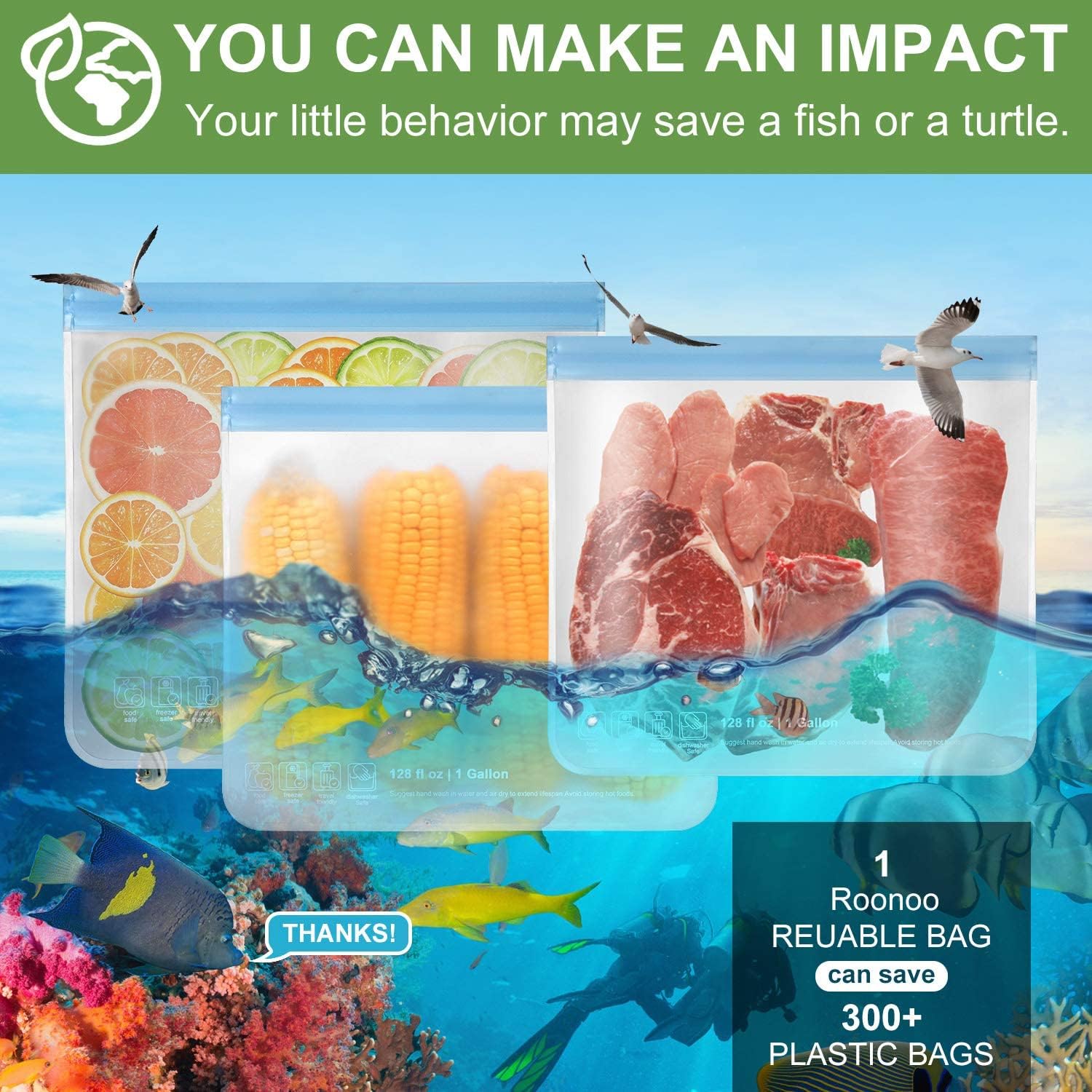 6 Pack Dishwasher Safe Reusable Gallon Freezer Bags Food Storage Bags, Extra Thick Leakproof Silicone & Plastic Free Ziplock Bags for Meal Prep, Fruits, Sandwich, Snack, Travel Items