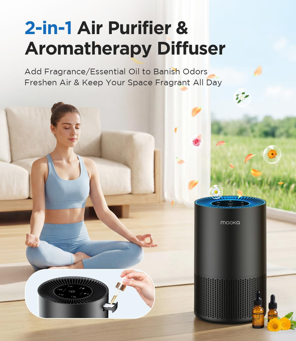 Air Purifiers for Home Large Room Pets Up to 1300 Sq Ft, MOOKA H13 True HEPA Air Purifier Cleaner with 360° Air Inlet, Fragrance, 13dB Air Purifier for Bedroom Wildfire Smoke Pet Dust Pollen (Black)
