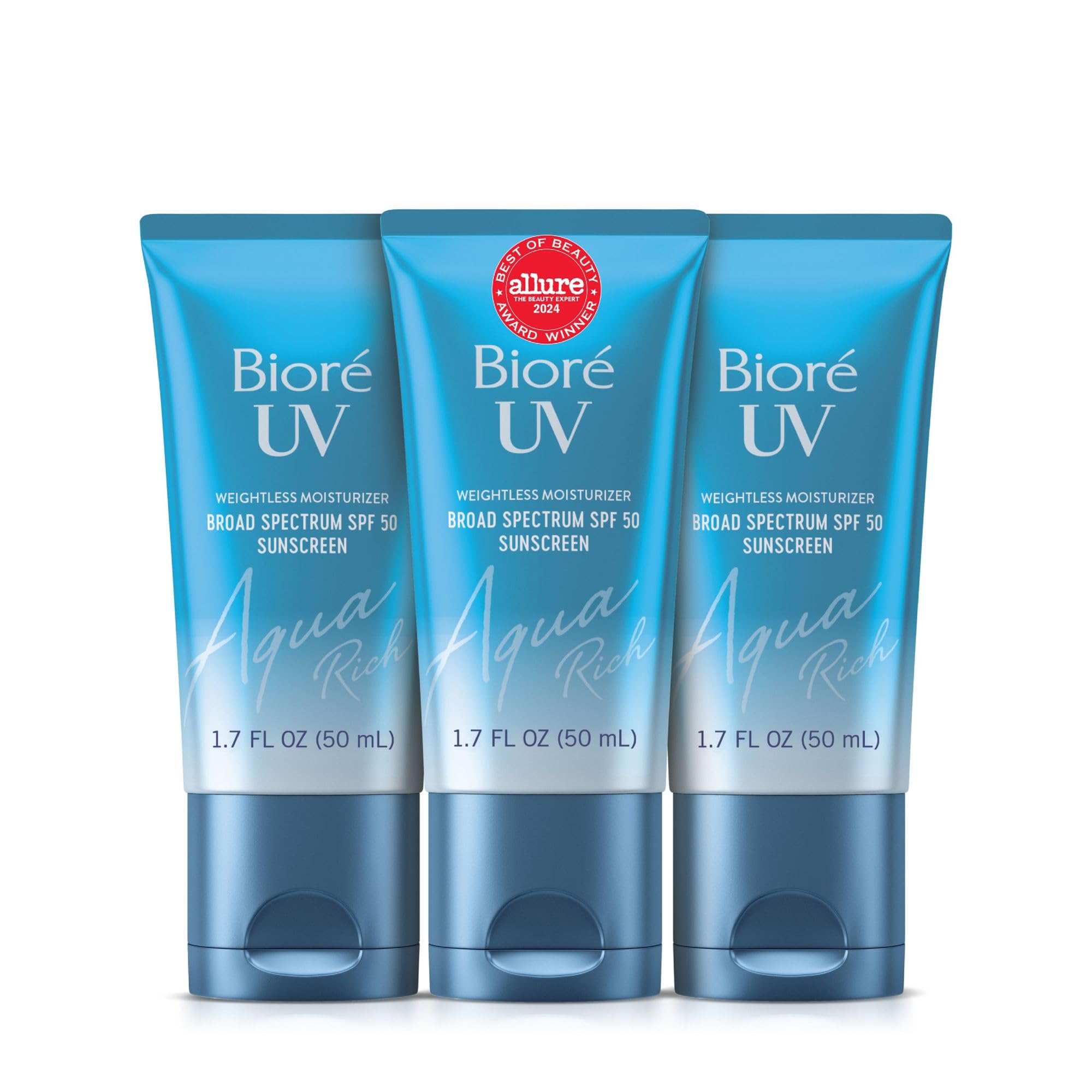 Biore UV Aqua Rich Daily Hydrating Facial Moisturizer with SPF 50 | Oil Free Sunscreen & Primer for Makeup with Hyaluronic Acid, No White Cast, Non-Comedogenic, For Sensitive Skin, PA++++, 1.7 Oz