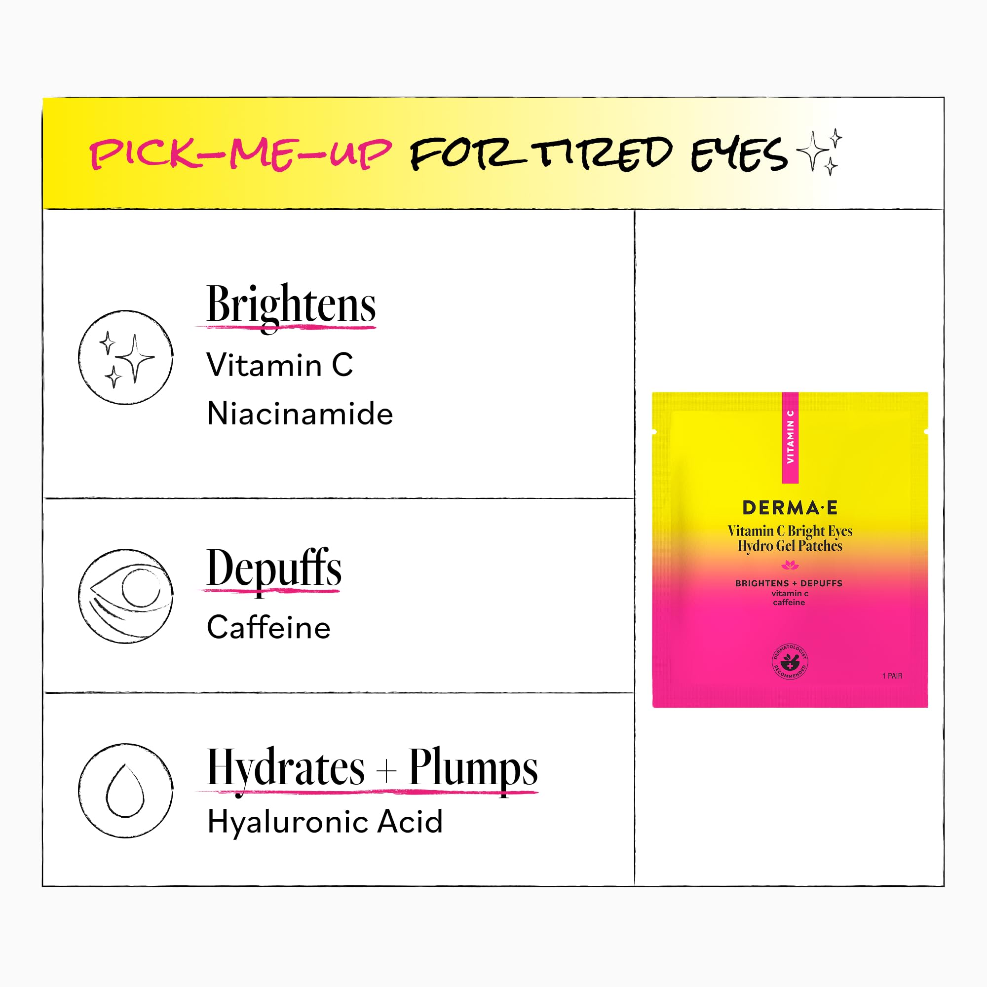 Derma E Vitamin C Bright Eyes Hydro Gel Under Eye Patches for Dark Circles (60 Ct, 30 Pairs) Allantoin, Caffeine & Vitamin B3, Eye Patches for Fine Lines, Wrinkles, Dark Circles & Puffy Eyes