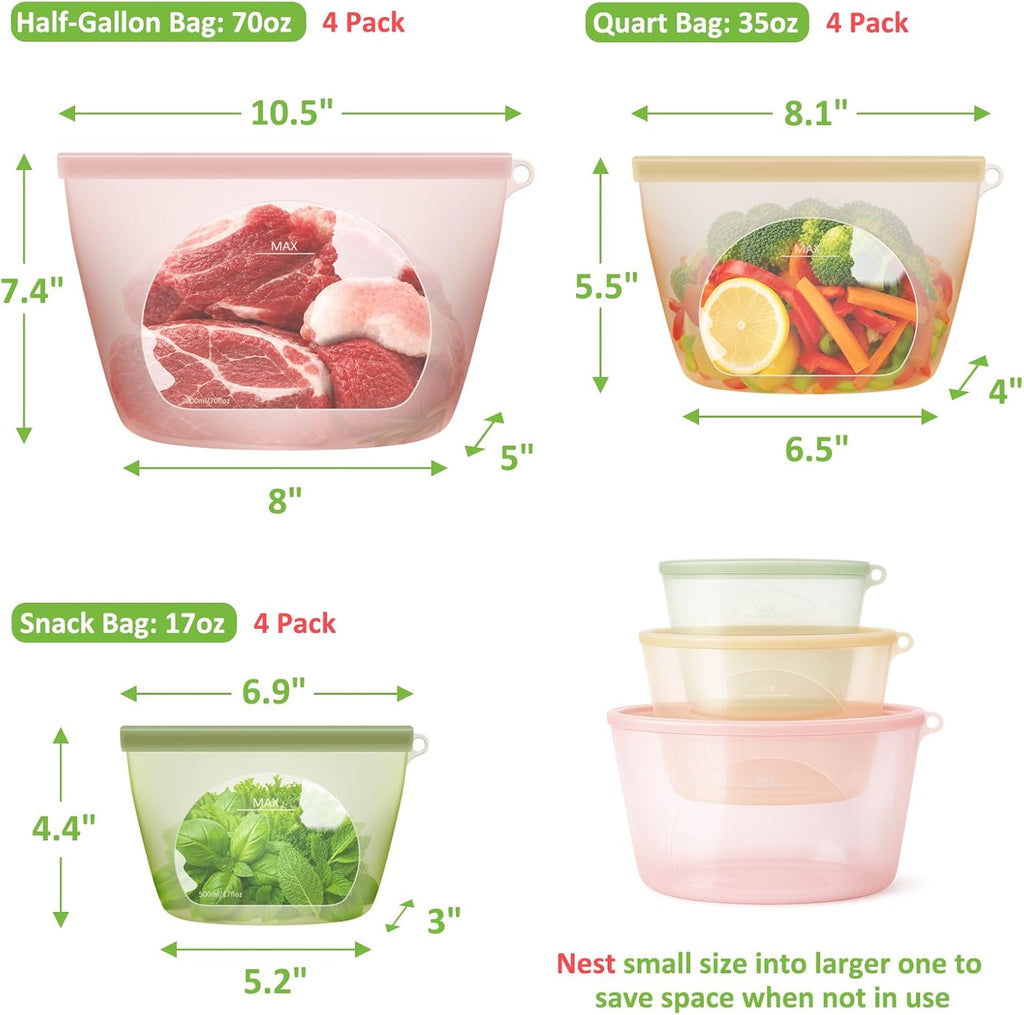 100% Reusable Silicone Bags for Food Storage, 12 Pack Double-Lock Reusable Bags Stand-Up Wide-Mouth Leakproof for Soup, Sous Vide, Freezer Microwave Dishwasher Safe, 4 Half Gallon 4 Sandwich 4 Snack