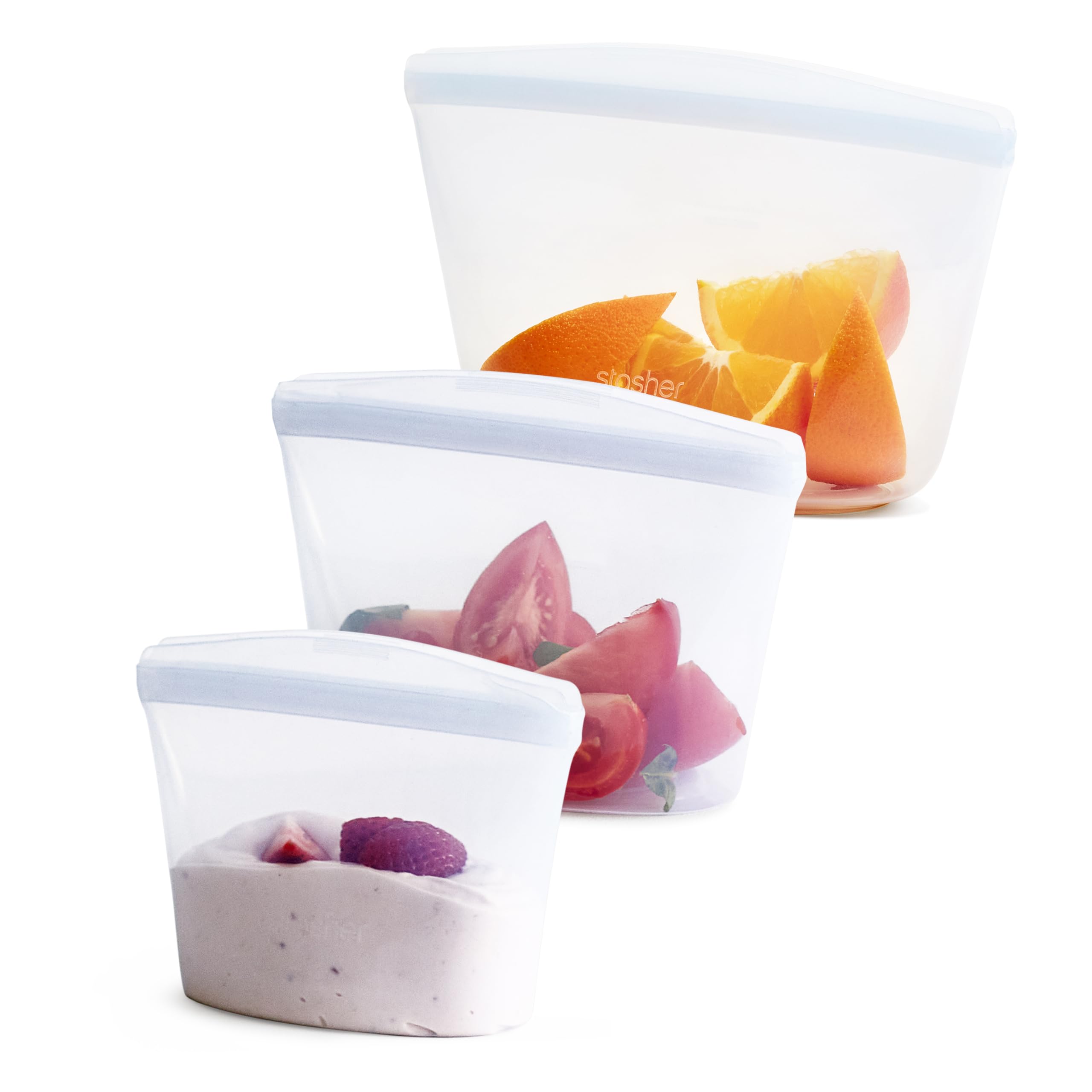 Stasher Silicone Reusable Storage Bags, 3-Pack Bowls, Reusable Freezer Bags, Microwave, Dishwasher, Oven Safe, Sous Vide, Premium Lunch Containers, Eco Friendly, Food Storage Bag, Snack Bag, Clear | Reusable Food Bags
