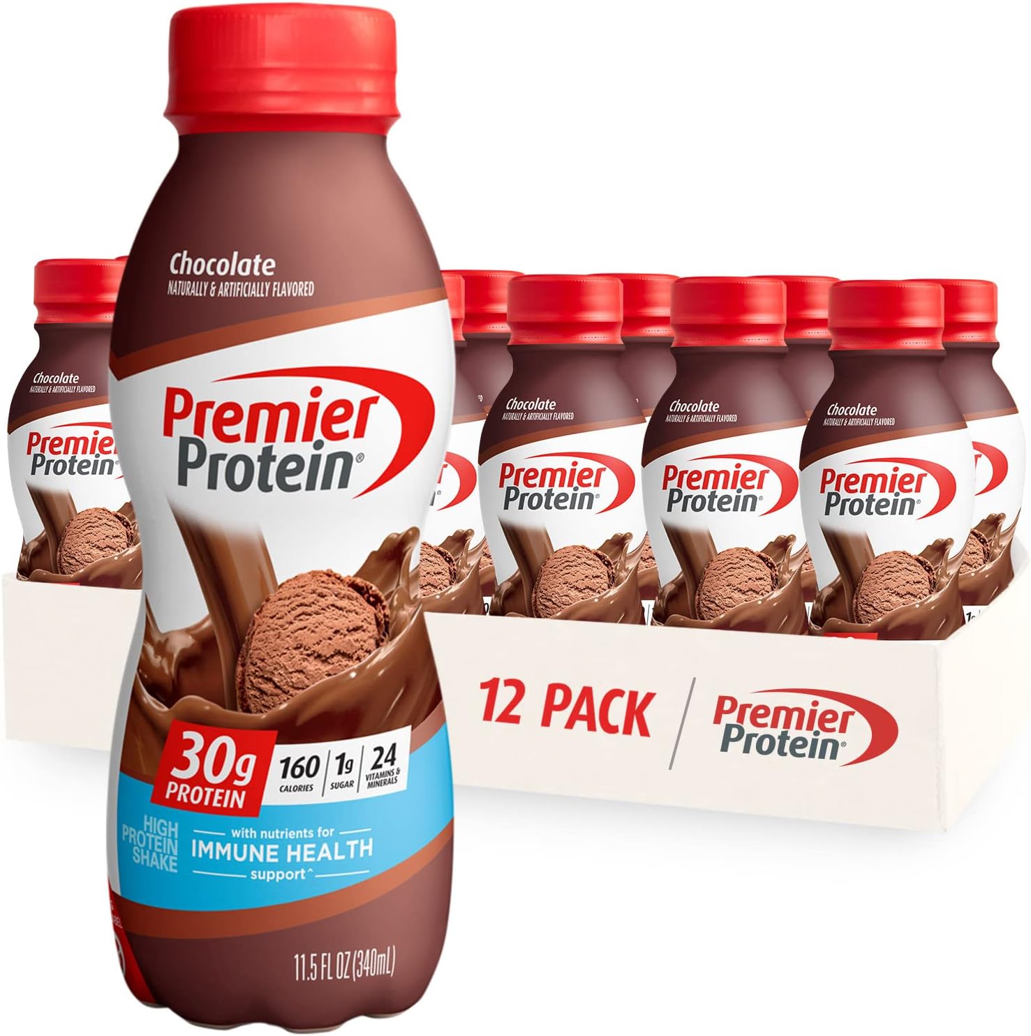 Premier Protein Shake 30g Protein 1g Sugar 24 Vitamins Minerals Nutrients Peaches & Cream Chocolate 12 Packs 138 Fl Oz