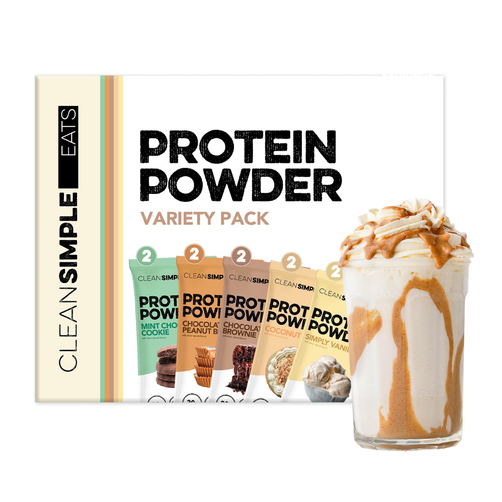 Clean Simple Eats Whey Isolate Protein Powder, Variety Pack, Naturally Sweetened, Zero Added Sugar, 20g 100% GrassFed Protein Powder with Digestive Enzymes, GlutenFree, Non GMO, 10 Single Serve Pack