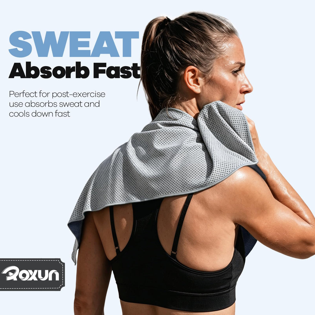 ROXUN Cooling Towels, 4 Pack (40''x12'') Chilly Ice Rags for Neck and Face | Gray+Blue+Green+Black, Soft Breathable, Sports and Outdoor Workouts, Comes with Storage Bags & Carabiners