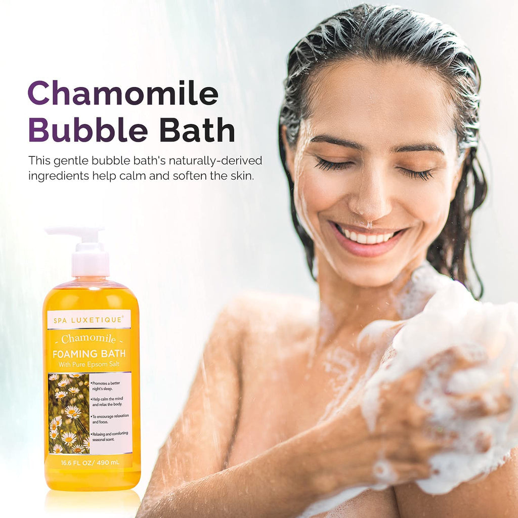 Spa Luxetique Bubble Bath, Foaming Bath with Epsom Salt, Chamomile Rose and Lavender Scent Bathing Set, 3 Pack 49.8 fl oz Mothers Day Gifts Set for Women and Men