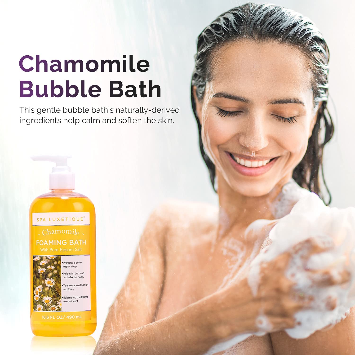 Spa Luxetique Bubble Bath, Foaming Bath with Epsom Salt, Chamomile Rose and Lavender Scent Bathing Set, 3 Pack 49.8 fl oz Mothers Day Gifts Set for Women and Men