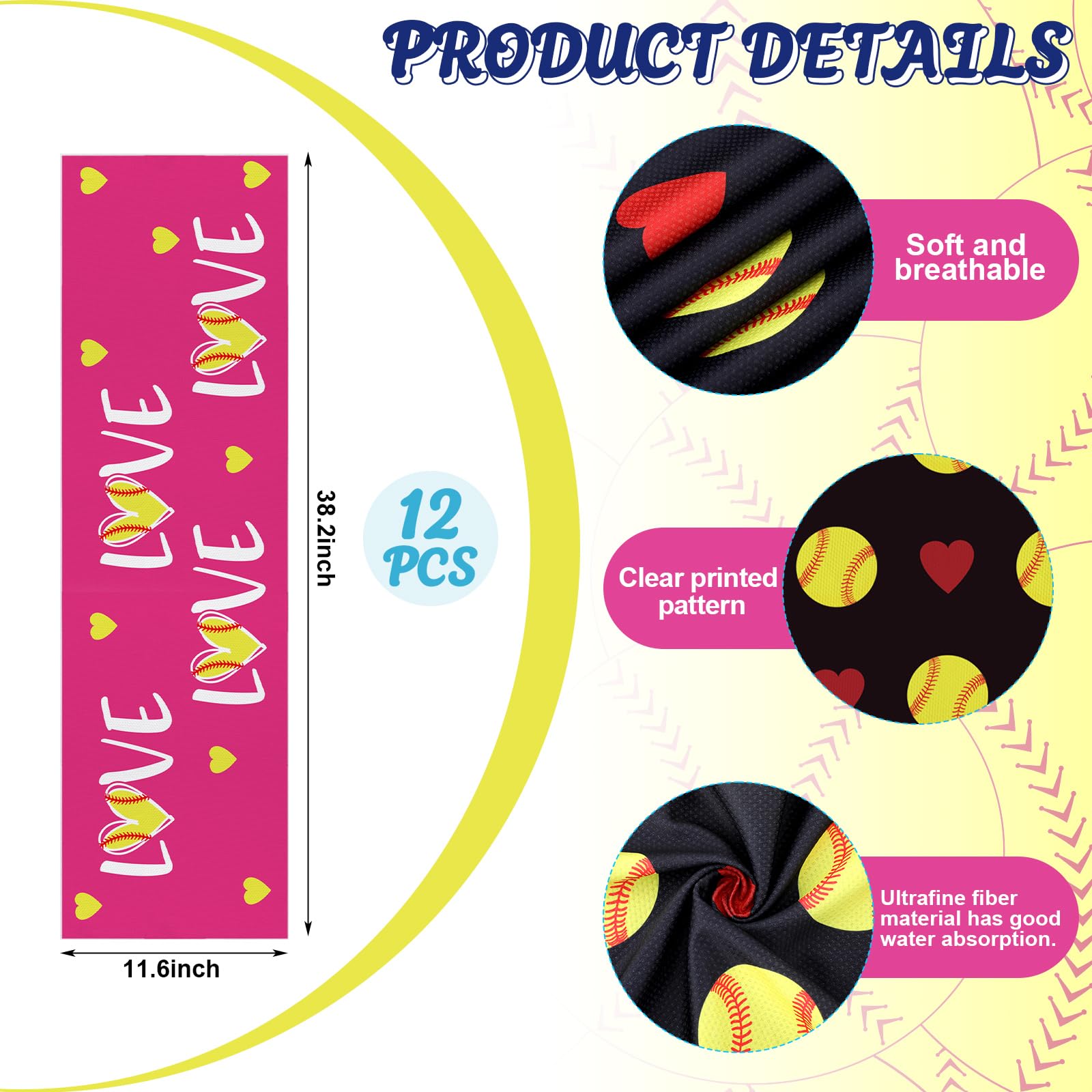 Tegeme 12 Counts Baseball Ice Cream Cooling Towels 40"x12" Sports Breathable Chilly Ice Fast Drying Towel Cool Training Sweat Rag for Coach Sport Party Favors Team Gift